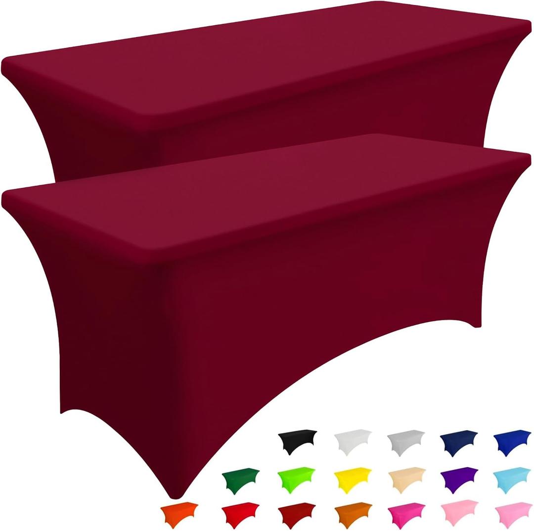 Smiry 2 Pack Spandex Table Cloth 8FT, Elastic Fitted Stretch Tablecloths, Washable and Wrinkle Free Rectangular Patio Table Cover for Outdoor, Wedding, Banquet & Parties (Wine Red, 96Lx30Wx30H Inch)
