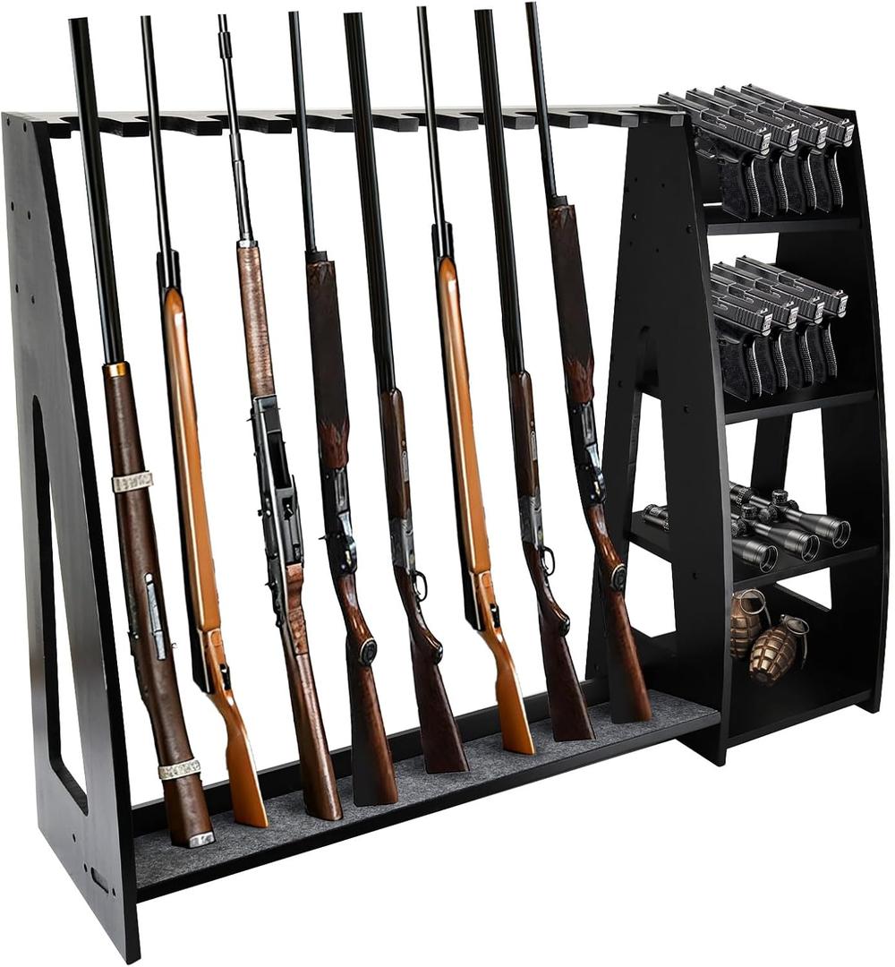 Wooden Gun Rack with Holder,Floor Standing Rifle Rack,Holds 10 Long Guns and 8 Handguns,Heavy-Duty Firearm Storage Organizer for Home or Garage,Black