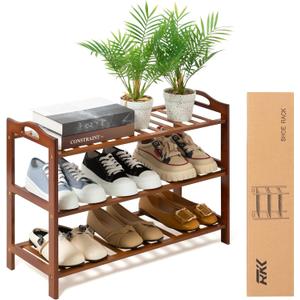 Shoe Rack for Front Foor Entrance, Bamboo Shoe Rack for Closet Shoe Organizer Closet Organizers and Storage Shelves (Brown, 3 Tier)