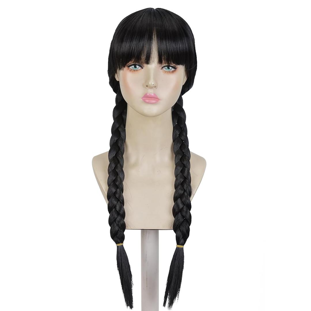 Wednesday Long Black Braids Wig with Bangs and Pigtails for Party Costume Halloween