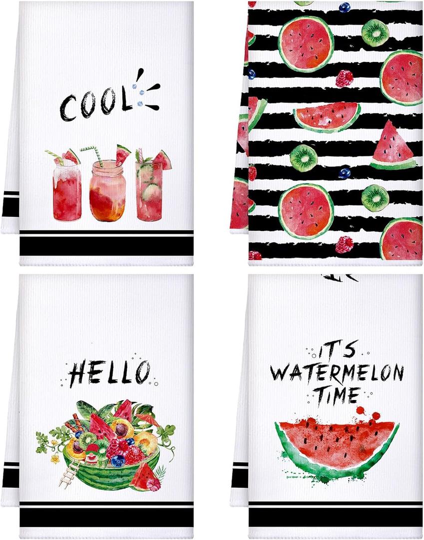 Honoson 4 Pieces Watermelon Kitchen Towels Summer Farmhouse Decorative Dish Towel Watermelon Absorbent Plaid Tea Washcloths for Summer Kitchen Cooking Home Cleaning Decor