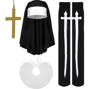 Geyoga Halloween Nun Costume Hat Nun Habit Costume Accessory Set for Women (Black Cross Print Stocking)