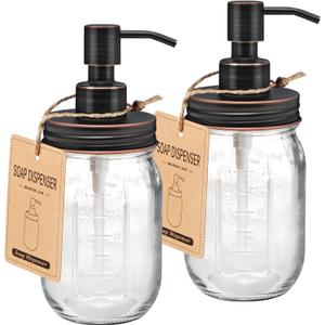 Amolliar Mason Jar Liquid Soap Dispenser, Rustproof Stainless Steel Replacement Pump Lid, Cute Farmhouse Decor for Kitchen, Bathroom, Refillable Hand Soap, Dish Soap, Lotion Soap, Rubbed Bronze-2 Pack (Orb)
