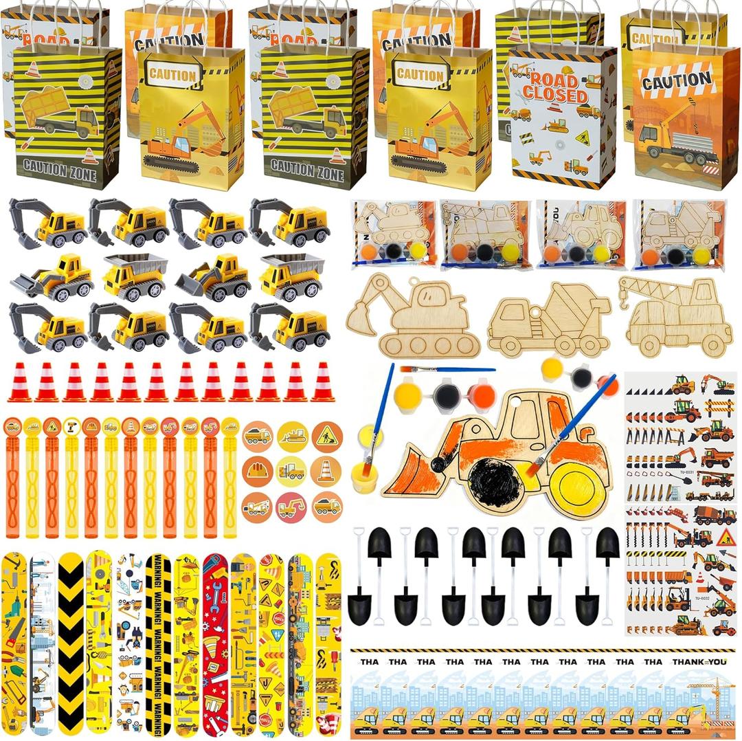 132pcs Construction Party Favors, Birthday Party Decorations Supplies Including Mini Vehicles Slap Bracelets Bubble Wands DIY Painting Kits, Construction Party Classroom Rewards for Kids