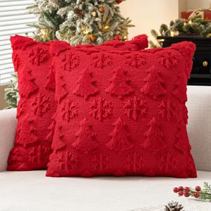 MIULEE Christmas Throw Pillow Covers 18x18 Set of 2 Christmas Decorations Red Soft Plush Faux Fur Wool Xmas Tree Snowflakes Pillowcases Holiday Festivals Winter Home Decor Sofa Couch Bed Porch