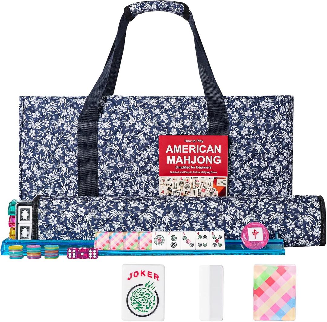 American Mahjong Set,166 Quality Acrylic Tiles with Colorful Prints, 4 All-in-One Color Rack/Pushers, Complete Mahjong Game Set with Floral Blue Carrying Bag