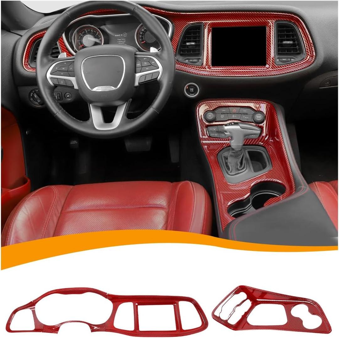 Hoolcar Center Console Dashboard Navigation Panel Trim Gear Shift Cover Fit for Dodge Challenger 2015-2025, Interior Accessories, Red Carbon Fiber