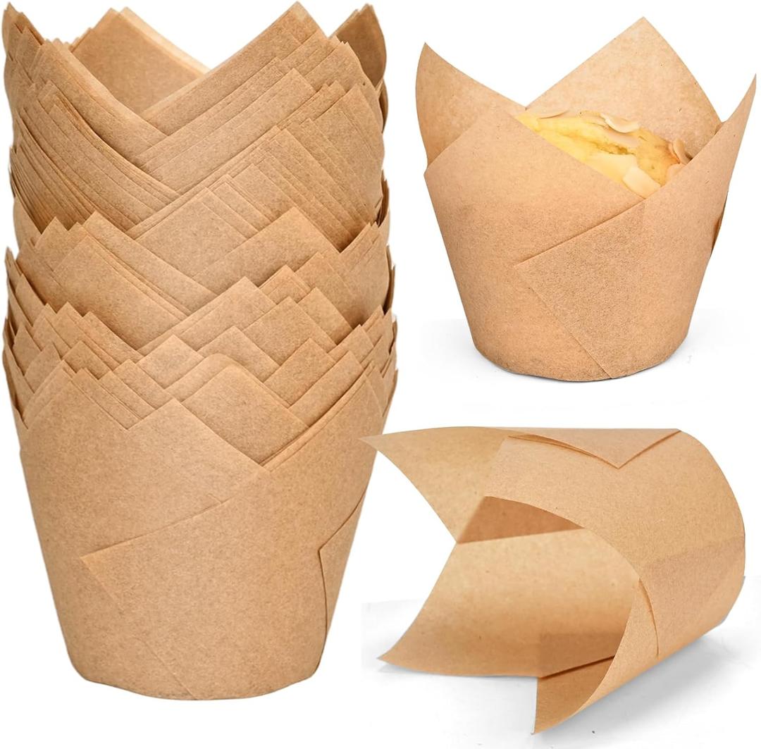 100pcs Extra Large Size Tulip Cupcake Liners for Baking Cups, Food Grade Parchment Paper Large Muffin Liners Holders, Greaseproof Cup cake Wrappers for Party, Christmas by Neyimqr (Natural)