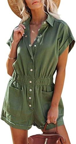 chouyatou Women's Short Cuffed Sleeve Utility Rompers Elastic Waist Button Down Cotton Pocketed Jumpsuit Large