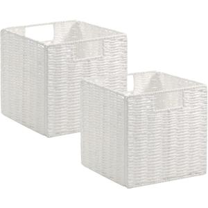 Vagusicc Wicker Storage Basket, Set of 2 Hand-Woven Wicker Baskets for Organizing, Foldable Cube Storage Basket Bins, 13 Inch Large Wicker Storage Baskets for Shelves & Decor, White (13''x13''x13'')