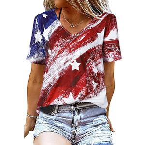 American Flag T Shirt Women USA Star Stripes Fourth July Tee Shirts Casual America Flag Print V Neck Tee Tops