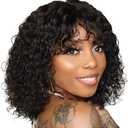 Spotlight Short Kinky Curly Wigs 10 inch Bob Loose Wave Human Hair Wigs for Women Brazilian Virgin Human Hair Wigs with Bangs 180% Density Natural Looking (Natural Black, 1B)