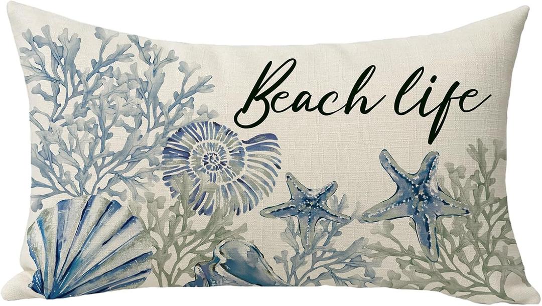 Spring Summer Beach Life Lumbar Decorative Throw Pillow Cover 12 x 20, Rectangular Coastal Sea Conch Starfish Coral Outdoor Home Decor, Ocean Nautical Seasonal Couch Cushion Case