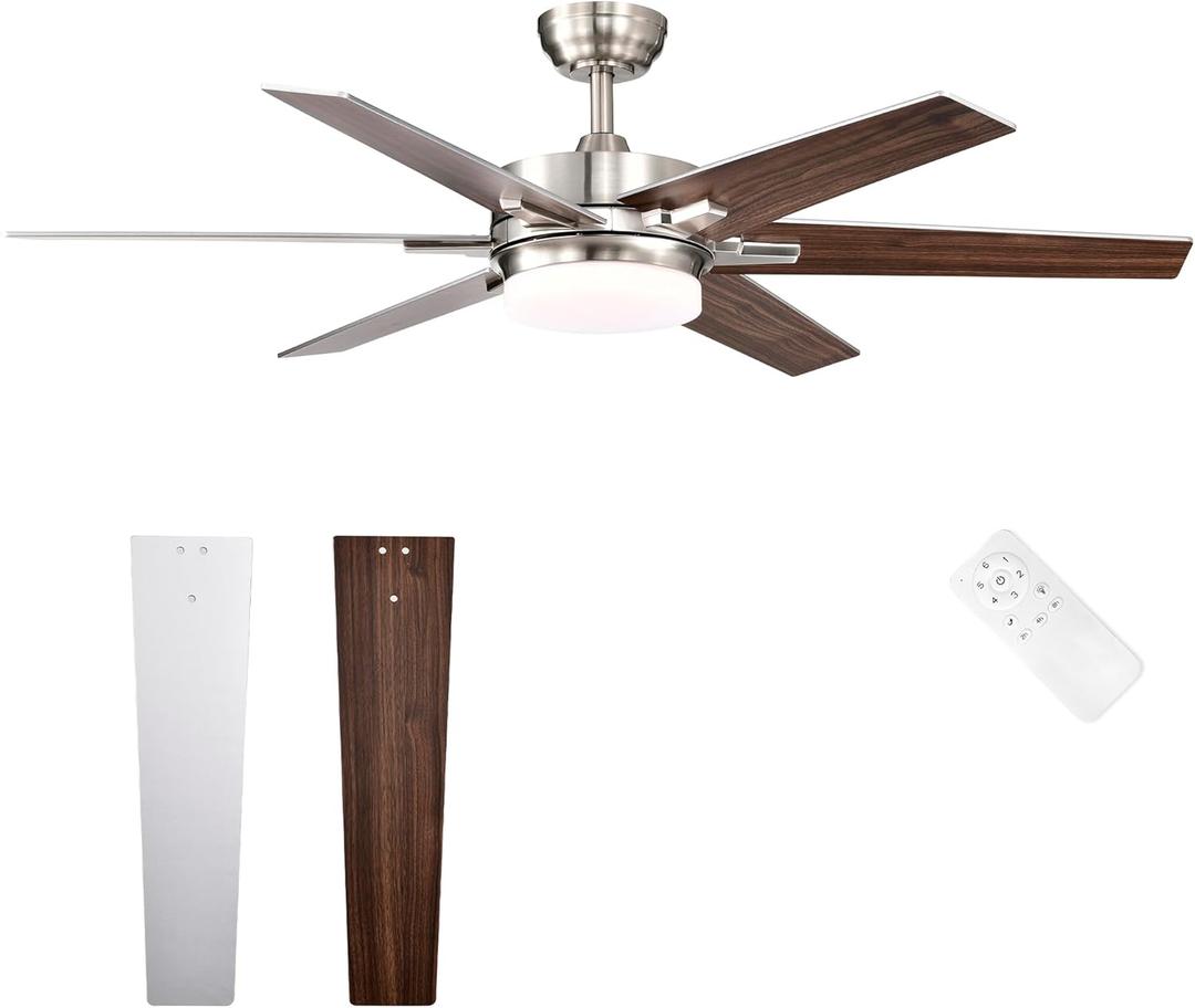 Edvivi 52 Inch LED Ceiling Fan with Lights and Remote Control, Low Profile Ceiling Fan with 6 Dual Finish Blades, 6-Speed Noiseless Reversible Motor, Brushed Nickel for Bedroom Living Room Indoor Use