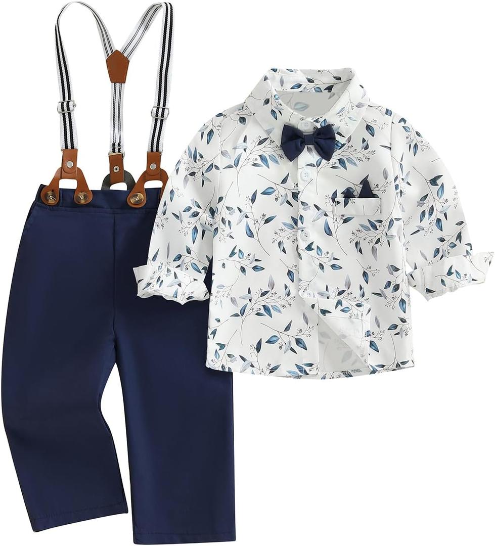 fhutpw Toddler Boy Clothes Suit Formal Dress Shirt with Bowtie & Suspender Pants Kids Gentleman 3pcs Wedding Outfits 2-3T
