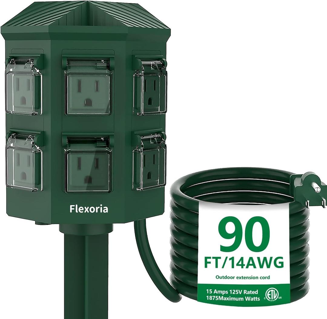 Outdoor Power Strip Waterproof, 90 FT Heavy Duty Extension Cord, 6 Grounded Outlets for Graden and Yard Decorations, 15A/1875W, ETL Listed
