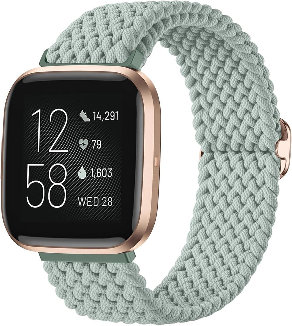 Maledan Elastic Bands Compatible with Fitbit Versa 2/SE/Lite for Women Men, Smartwatch Soft Braided Bracelet Replacement Band Accessory, Green (Fit for wrist size 5.43"-8.58"(138mm-218mm))