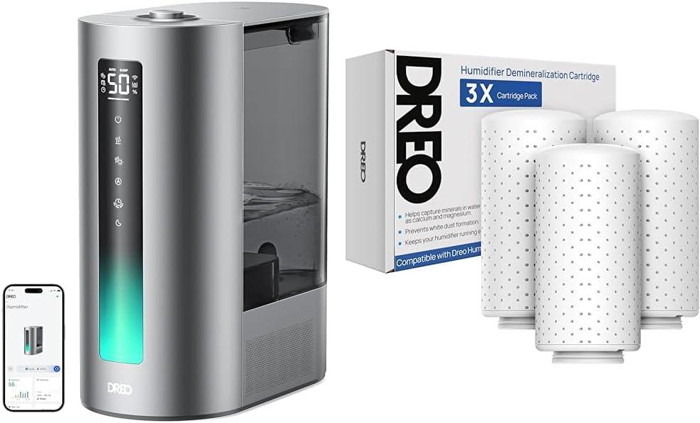 Bundle of DREO 6L Smart Humidifier, Warm & Cool Mist Humidifier for Bedroom + DREO Demineralization Cartridge 3-Pack for Humidifiers, Compatible with Humidifiers HM512S/713/713S