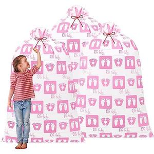 Zonon 2 Pcs Extra Large Baby Shower Bags Gift Jumbo Large Gift Bag Storage Oversized Plastic Gender Reveal Storage Wrap for Birthday Holiday Party Favors, (Pink Footprint)