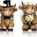 2 Pack Highland Cow Decor Resin Wedding Highland Cow Figurine Gnomes with Rose Hat Wreath Resin Statue for Wedding Garden Table Shelf Home Decor Calf Gnome Herd Gifts