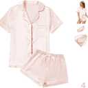 WJing Yi Jia 4Pcs Womens Satin Silky Pajama Sets Short Sleeve Shirt XS-4XL Floral Pajamas Set Soft PJ Loungewear Sleepwear (M)