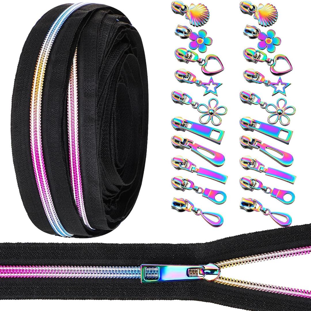 Zeyune #5 Rainbow Zipper Tape by the Yard 10 Yards Rainbow Teeth Nylon Zipper with 20 Pcs Colorful Metal Slider Pulls (10 Styles) for DIY Sewing Tailor Crafts(Classic Style,Black)