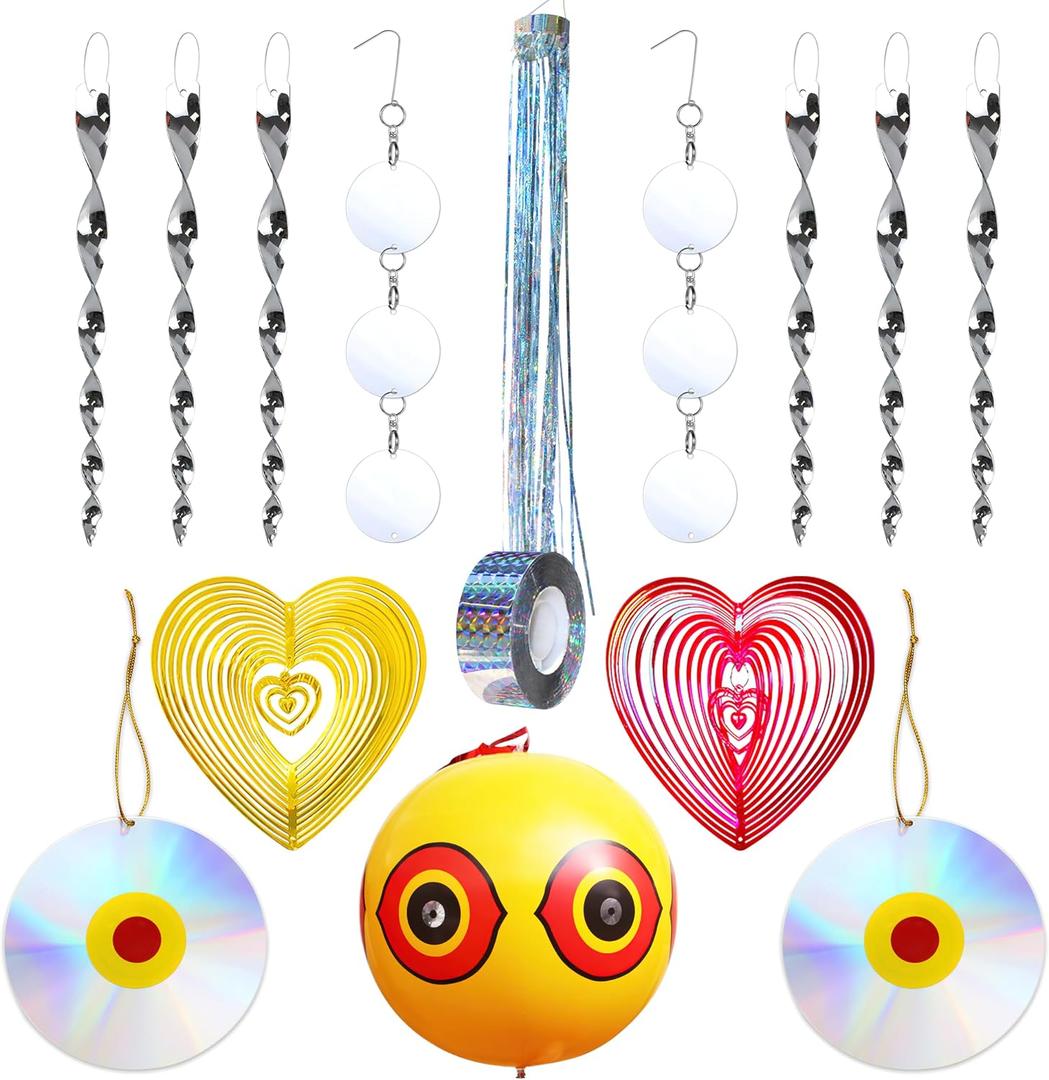 Bird Repellent Devices Kit,14 Piece,Reflective Scare Rods, Bird Scare Tape, Discs, Heart Wind Spinners, Keep Woodpeckers, Pigeons & Geese Away Effective Hanging Decor for Patio, House Siding