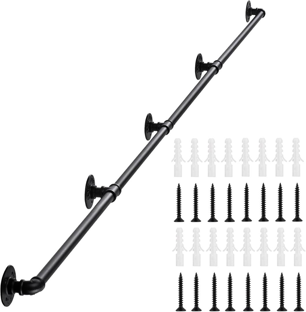 Handrail for Indoor Stairs - 16 Feet Wall Mount Industrial Iron Pipe - Metal Railing Non-Slip Grab Bar - Stairs Porch Deck Hand Rail Matte Black