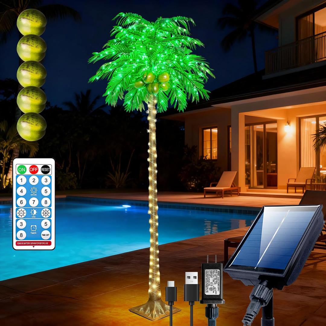 Christmas Solar Palm Tree Lights, 7FT 180 LED with Remote and Plug for Outdoor, 8 Modes Lighted up Waterproof Artificial Fake Tree with 5 Coconuts for Tiki Bar Patio Porch Pool Indoor Decor