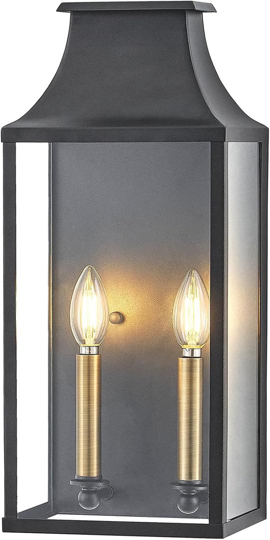 18"Medium Classic Outdoor Wall Lantern Light For House Exterior,Handcrafted Satin Black Metal Cage Mounted Pocket Wall Sconce W/Clear Tempered Glass,Waterproof for Porch, Patio, Garage&Front Door E12
