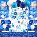 Blue White Birthday Party Decorations Supplies Happy Birthday Banner Honeycomb Balls Fringe Curtain Foil Balloons Hanging Swirls Cake Topper Tablecloth Party Supplies for Boys Men