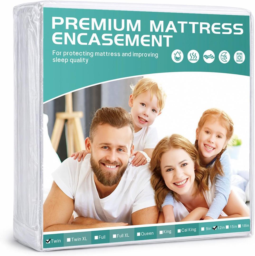 39x75 Twin Waterproof Mattress Protector Fits 9-12" Deep, Zippered Mattress Encasement Cover, WINKAURA Premium Washable Terry Top Fabric Mattress Pad Cover