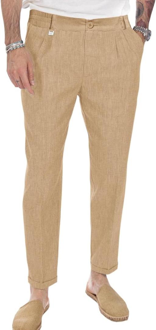 Beotyshow Mens Linen Pants Casual Elastic Waist Trousers Summer Beach Lightweight Pants (Beige, L)