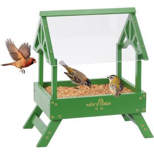 MIXXIDEA Ground Bird Feeder for Outdoors - Bird Feeder with shelter for Bird &Squirrel Wooden Chicken Picnic Table Platform Feeder Wild Bird Feed Crow Feeder for Outside with 5 LBS Capacity