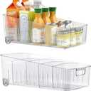 Pull Out Fridge Organizer Bins with Wheels, 8 Dividers, 2-Pack | Clear PET storage bins with handles, rear wheels and adjustable dividers for refrigerator, pantry and cabinet shelves, 15 x 8.6 x 5.63 inches