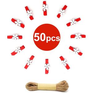 50PCS Christmas Wooden Clothespins, Mini Snowflake Photo Clips, Mini Wooden Pegs with 10 Meters Jute Twine for Hanging Christmas Cards Photo Paper Crafts