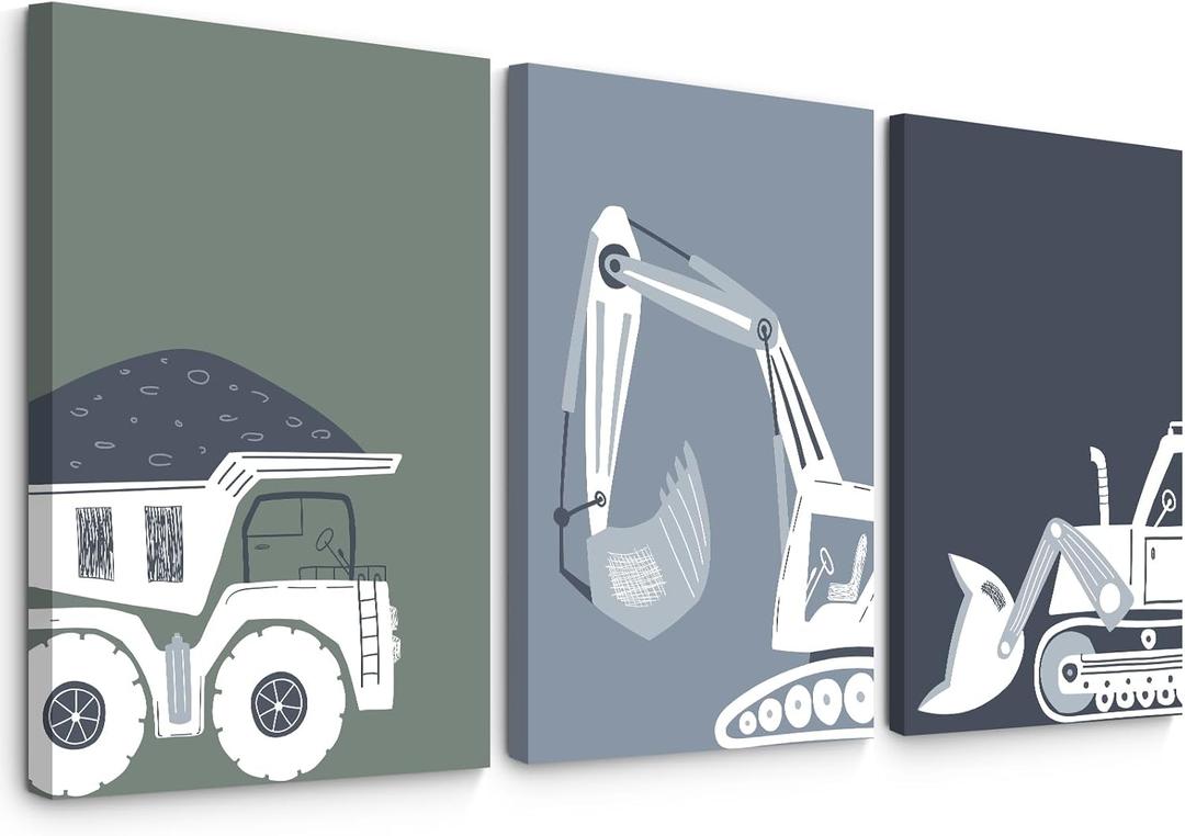 Truck Boy Wall Art Baby Nursery Canvas Prints Construction Toddler Room Wall Art Car Posters Construction Truck Pictures Baby Nursery Wall Decor for Kids Boy Bedroom 16x24 Inch Framed Set of 3 (Green Digger Prints)