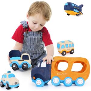 Muiteiur Big Car Stuffed Plush Toy, Soft Truck Toy Set with 4 Stuffed Baby Vehicles Toys Include Taxi Bus Airplane Tanker, Cute Cartoon Plush Gift for Kids Babies (15.7inch)