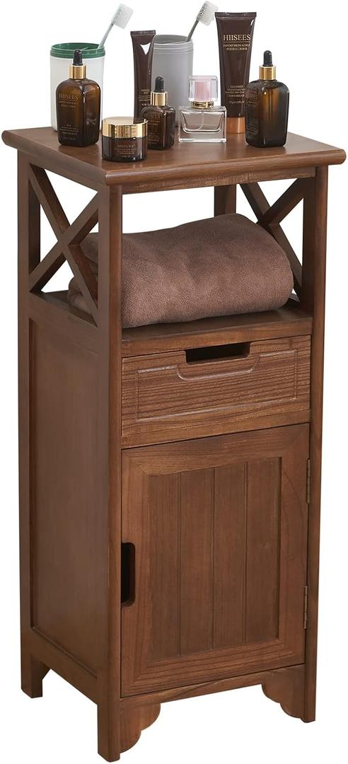 30 Inches Tall End Table, Fully Assembled Bathroom Floor Cabinet with Shelf and Storage, No Assembly Nightstand with Drawer for Bedroom-Walnut