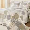 Cmfshape Summer Floral King Quilt Set,Grey Patchwork Quilts King,Reversible Quilted Bedspread with 2 Shams, Vintage Farmhouse Coverlet(Grey, King102 x90)