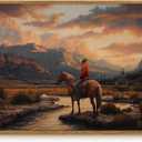 Western Cowboy Framed Canvas Wall Art 12x16 Inch, Horse Rider at Sunset Print Rustic Mountain Landscape painting, American West Country Home Office Bedroom Wall Dcor