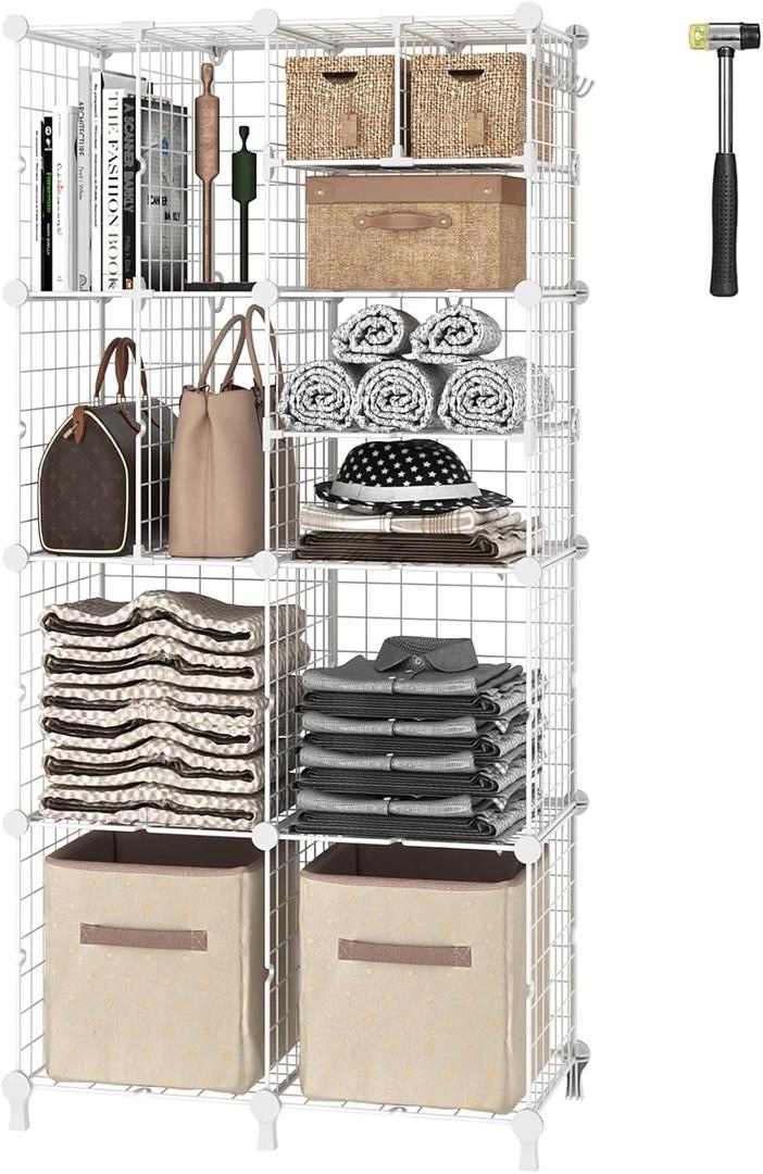 AWTATOS Closet Organizer, Wire 8 Cube Storage Organizer, DIY Portable Closet Clothes Organizers Storage Shelves with Partition, Cubby Shelving for Home, Office, Bedroom, Garment Racks, White