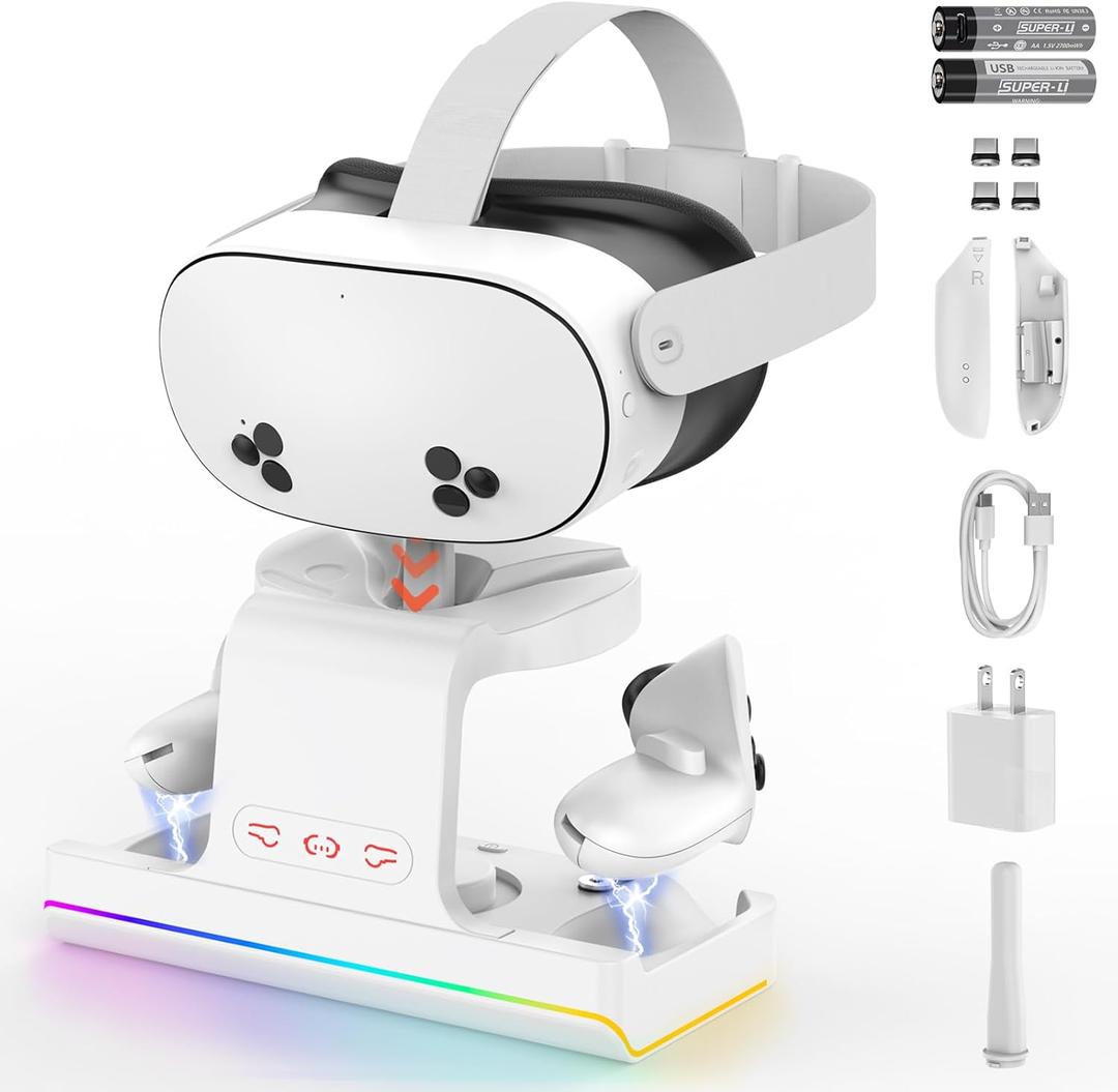 GEEKERA Charging Dock for Meta Quest 3S/Oculus Quest 3S, VR Headset & Controllers Charging Stand with RGB LED Light [On/Off], VR Accessories with 2 Rechargeable Batteries, 2-in-1 Fast Charging Station (White)