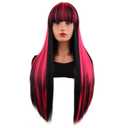 MAGQOO Black Pink Wig for Women Girls Long Straight Black and Pink Wigs with Bangs Synthetic Heat Resistant Halloween Cosplay Costume with Wig Cap