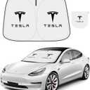 300T Sunshade for Tesla Model Y Model 3, Car Accessories 2026 for Tesla, Front Window Sunshade with Organizer Bag, Gifts for Tesla Owners (Black)