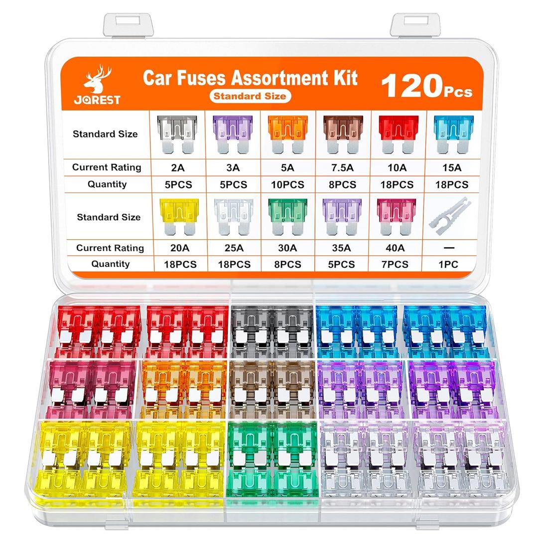 JOREST 120Pcs Standard Fuse Kit, Car Fuses Assortment Kit,Blade Fuses Automotive for RV Vehicle Motorcycle (2Amp 3A 5A 7.5A 10A 15A 20A 25A 30A 35A 40A) + Auto Fuse Puller