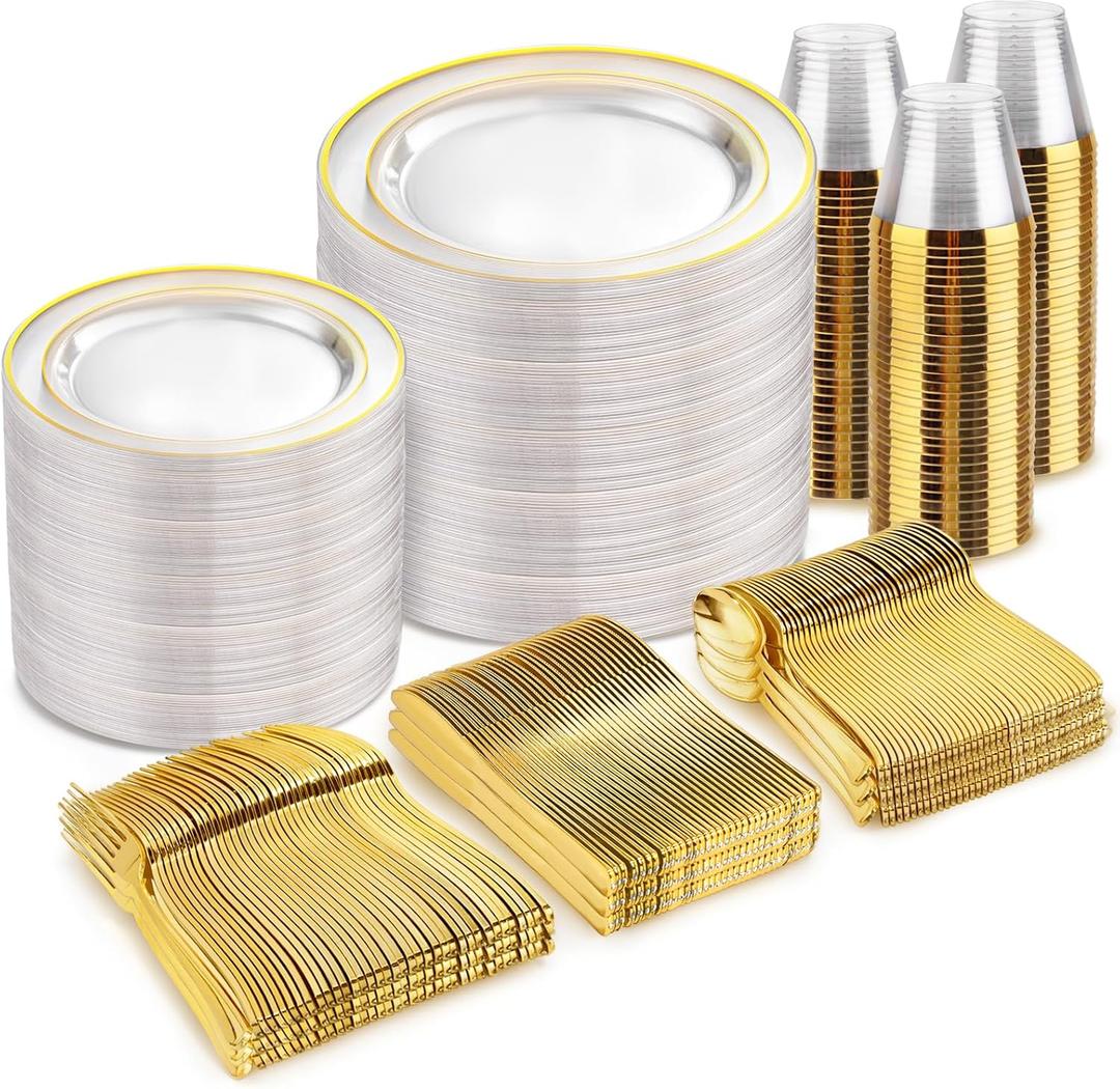 bUCLA 600PCS Clear Gold Plastic Dinnerware Set Disposable - Clear Plates with Gold Trim Include 100 Dinner/100 Dessert Plates, 100 Knives, 100 Forks, 100 Spoons, 100 Cups for Wedding&Party