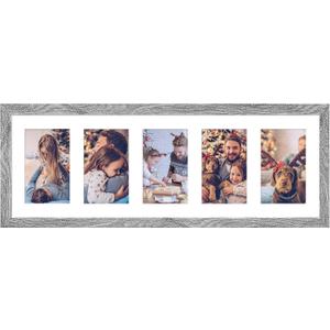 8x24 Collage Frame with 5 Openings 4X6 Pictures, Multiple Picture Frame with Mat, Wall or Tabletop Decor, Grey Wood Grain (Pack of 1)