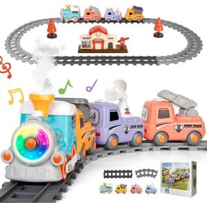 Train Set for Toddlers w/Smokes,Music & Lights - Electric Magnetic Choo Choo Steam Train Set with Tracks Truck Playset for Toddlers 1 3 5 6 Year Old Boys Girls Christmas Birthday Gift