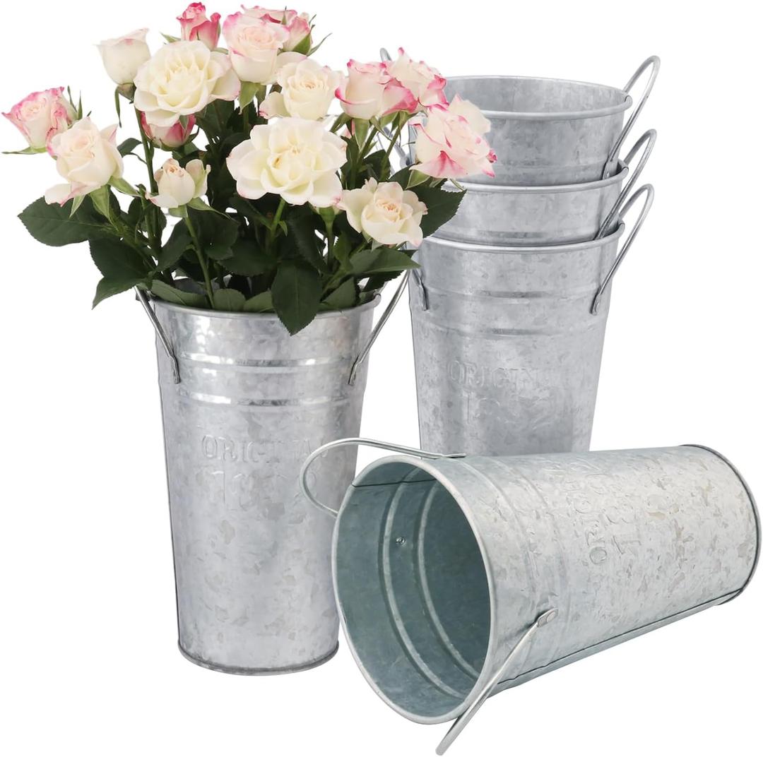 5 Packs 7.87 Inch Tall, Galvanized Metal Vases with Handles, Rustic Tall Flower Buckets for Cut Flowers, Country Wedding, Table Centerpiece Decorations, Vintage Style Flower Containers